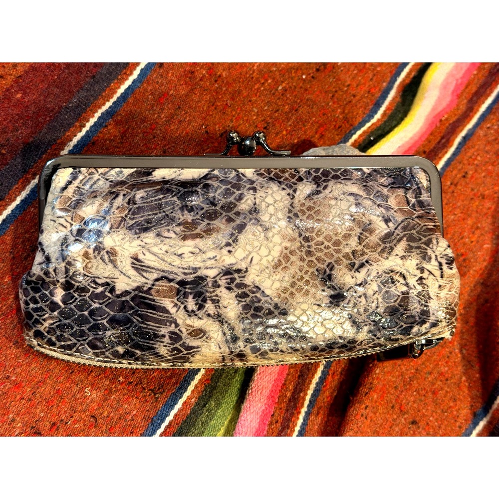 Hobo International Kiss Lock Metallic Snakeskin Style Embossed Wallet Clutch